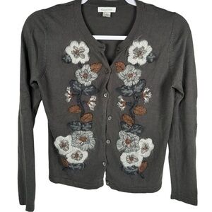 Garnet Hill Gray Floral Embroidery Silk Cashmere Button Cardigan Sweater Size XS